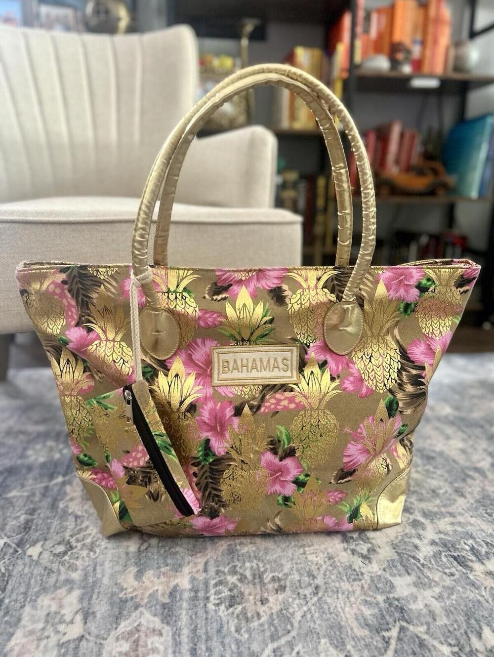 Bahamas Large Beach Tote Bag Pink & Gold Pineapple Tropical Vacation Bag
